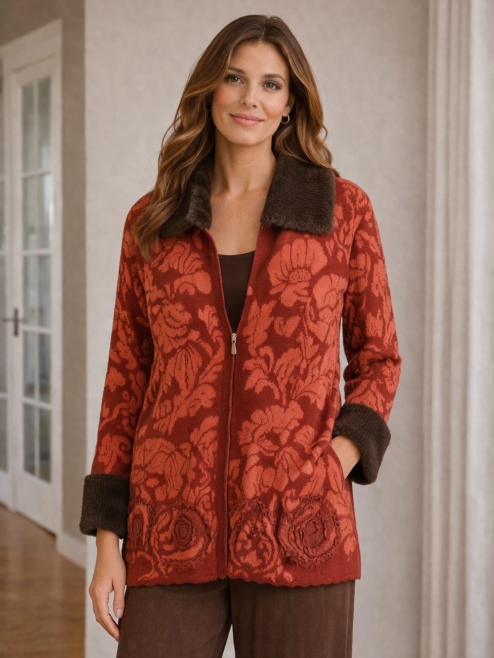 Storybook Knits Knit Floral Collar Ramie Cotton Cardigan Sweater Rust Brown 1X